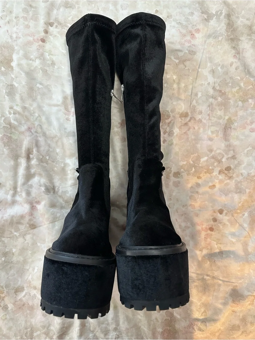 Dolls Kill Black Velvet Platform Knee-High Boots with Silver Charm Chain